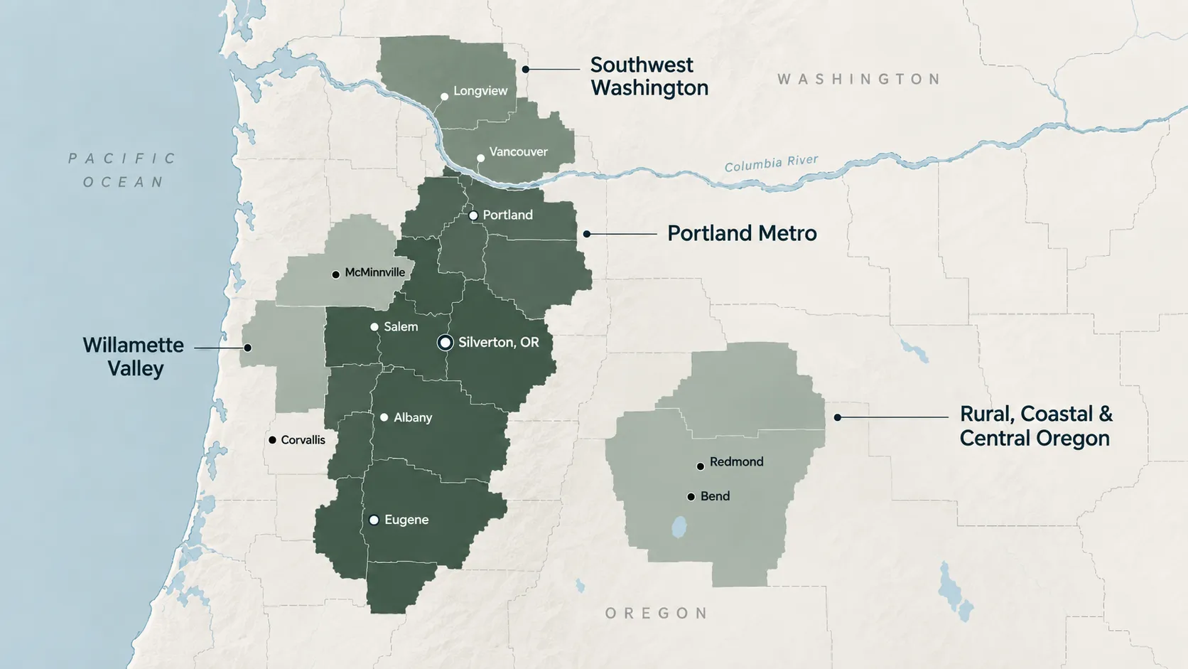 Map of Cascadia Planning's service areas across Oregon and Southwest Washington, highlighting the Willamette Valley, Portland Metro, Southwest Washington, and Rural, Coastal & Central Oregon, with the Silverton, OR office marked.